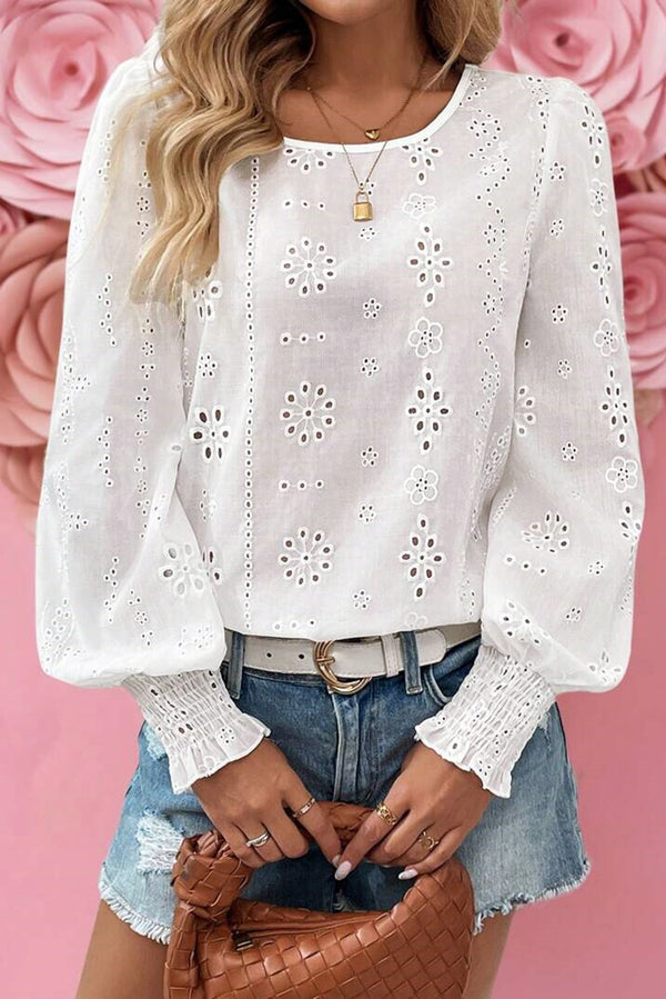 Eyelet Embroidered Smocked Cuff Sheer Blouse