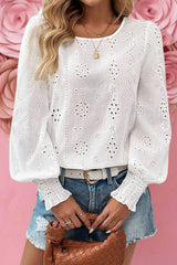 Eyelet Embroidered Smocked Cuff Sheer Blouse