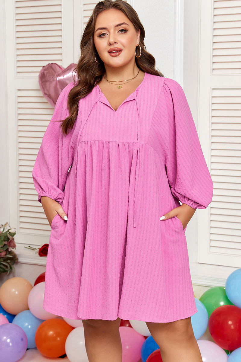 Plus Size Textured Tie Split Neck Puff Sleeve Flowy Mini Dress