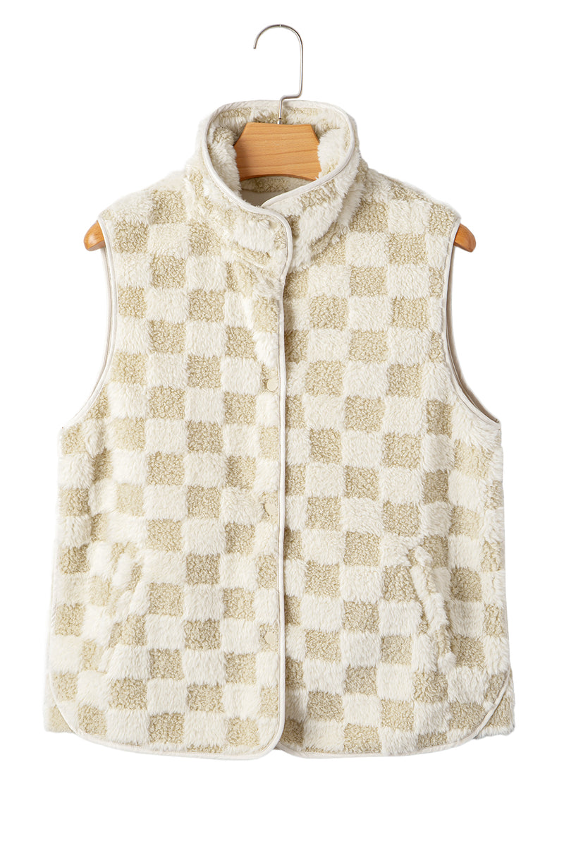 Sherpa Checkerboard Snap Button Vest Jacket With Pocket