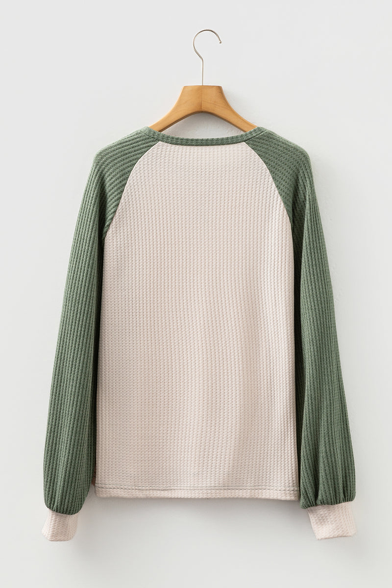 Waffle Color Block Raglan Sleeve Top
