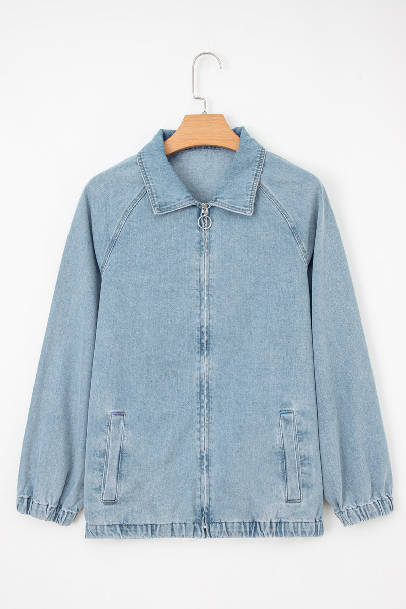 Elastic Edge Collared Zip Up Denim Jacket With Pocket