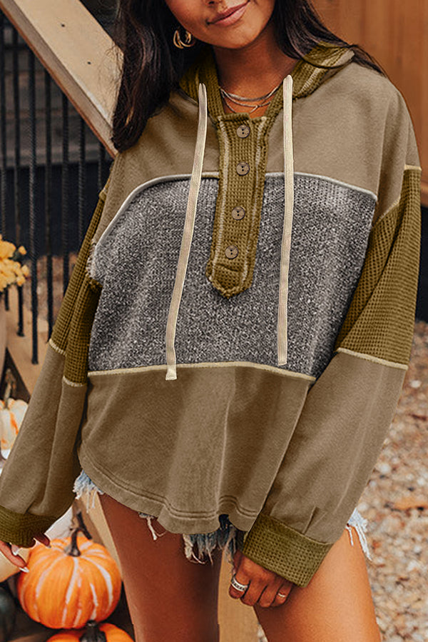 Mixed Texture Patchwork Exposed Seam Half Button Pullover Hooded Sweatshirt