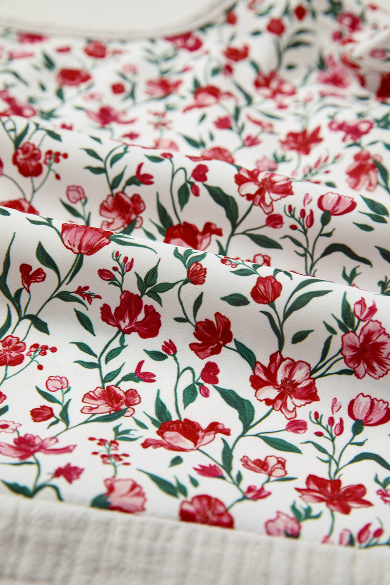 Red Floral Print Gauze Patchwork Henley Button 3/4 Sleeve Blouse