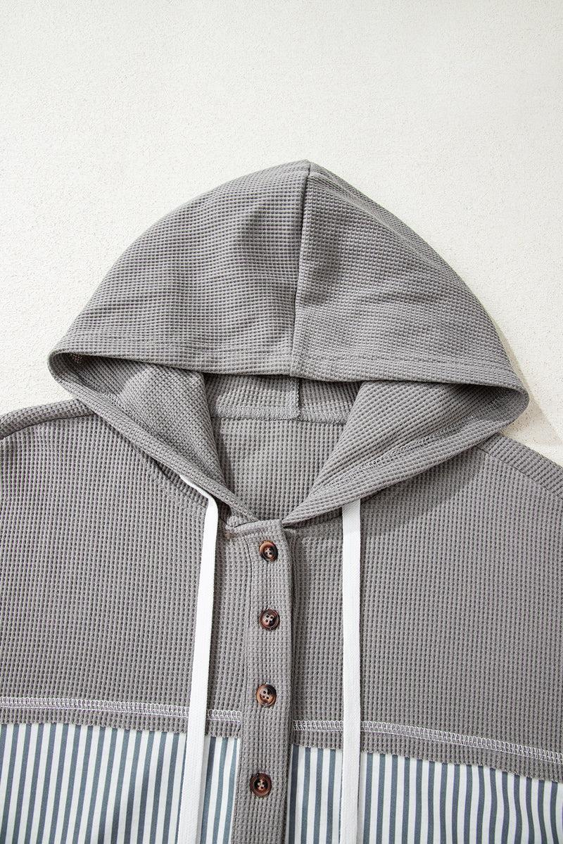 Waffle Printed Patchwork Drawstring Hooded Long Sleeve Top