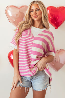 Stripe Patchwork Textured Short Sleeve High Low Loose Top