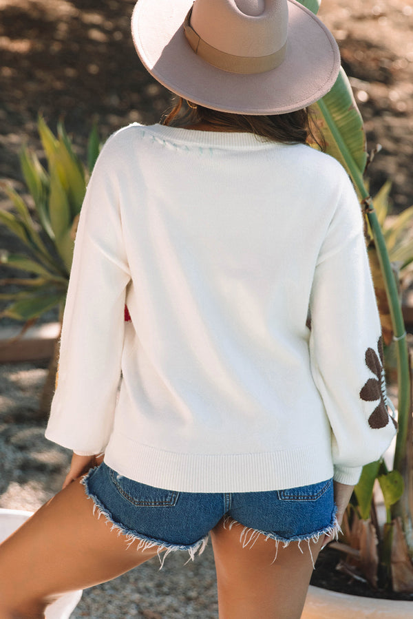 Solid Big Flower Pattern V Neck Drop Shoulder Sweater