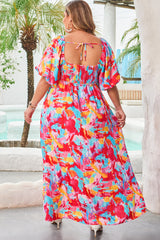 Abstract Printed Puff Sleeve Square Neck Smocked Bust Tied Back Plus Size Dress