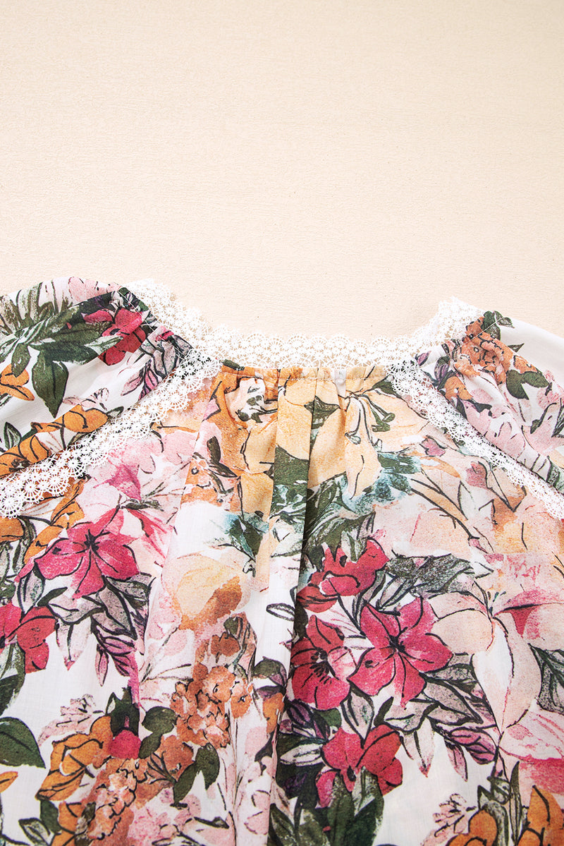 Floral Print Lace Embroidery Tie Split Neck Long Sleeve Blouse