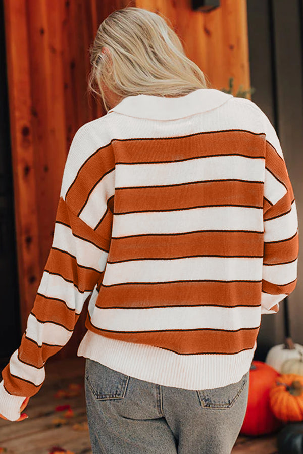 Stripe Ribbed Polo Collar Drop Shoulder Sweater