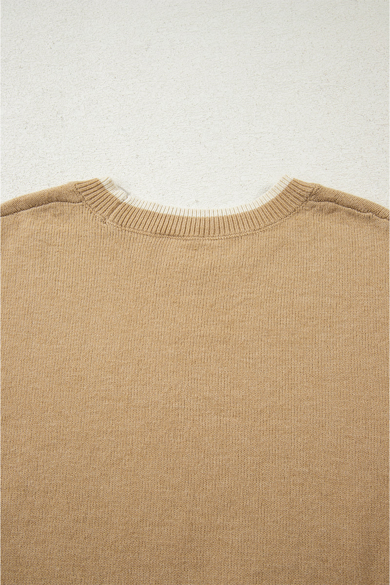 Leopard Bow Decor Split Cuff Contrast Trim Sweater