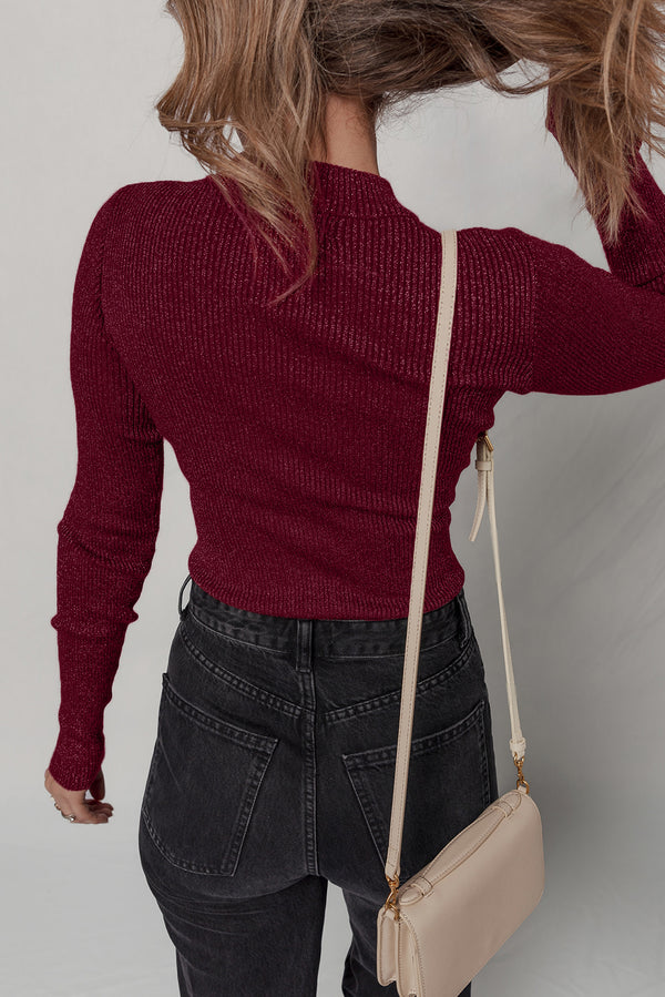 Metal Ribbed Knit Long Sleeve Slim Fit Top