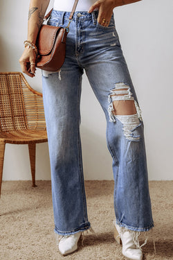 Distressed Raw Hem Straight Leg High Waist Jeans