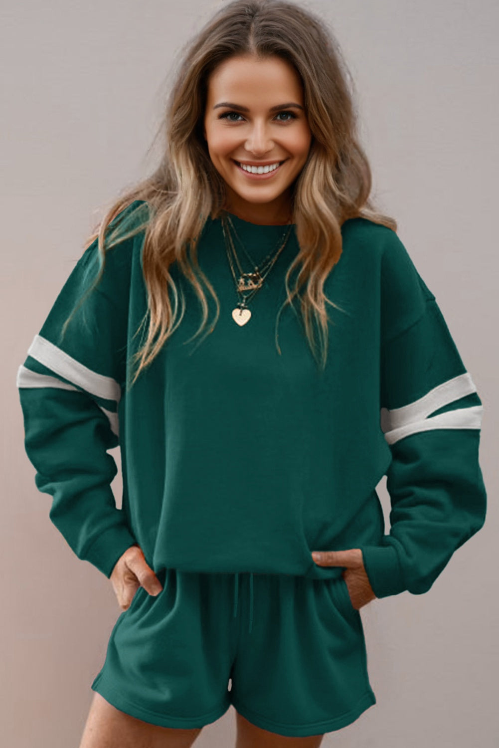 Solid Varsity Striped Sleeve Drop Shoulder Sweatshirt and Short Set