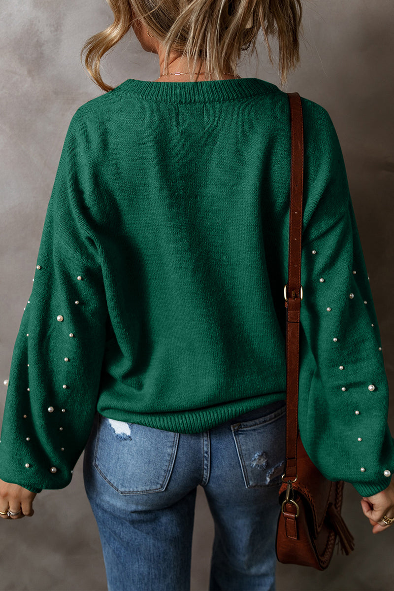Solid Pearled Drop Shoulder Round Neck Sweater