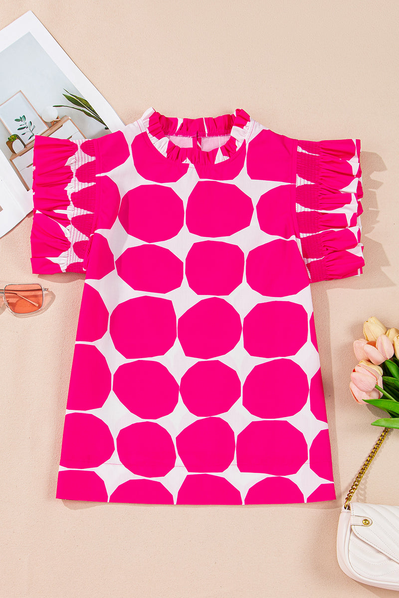 Rose Bubblegum Pattern Frilled Collar Flutter Sleeve Top