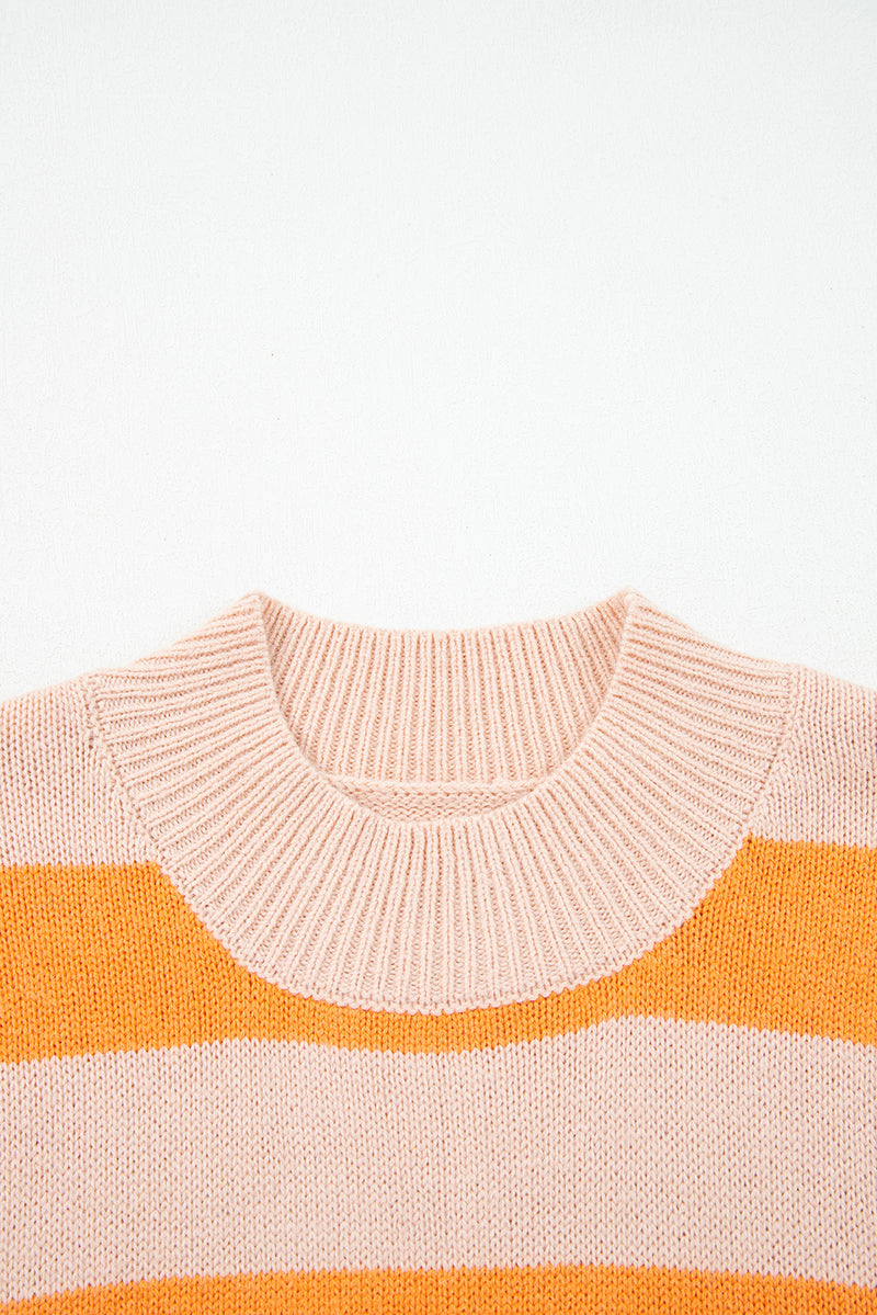 Stripe Color Block High Neck Drop Shoulder Cozy Sweater