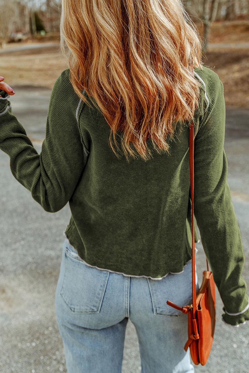 Solid Textured Round Neck Long Sleeve Top