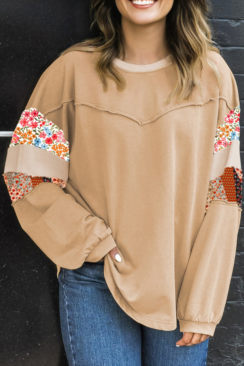 Exposed Seam Floral Mixed Patchwork Relaxed Plus Size Top