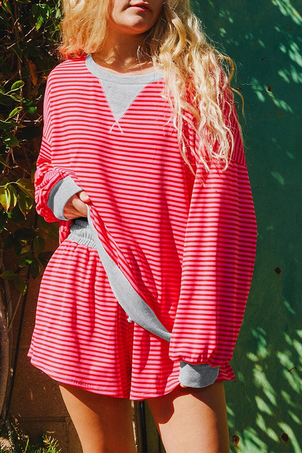 Stripe Drop Shoulder Baggy Pullover and Shorts Casual Set