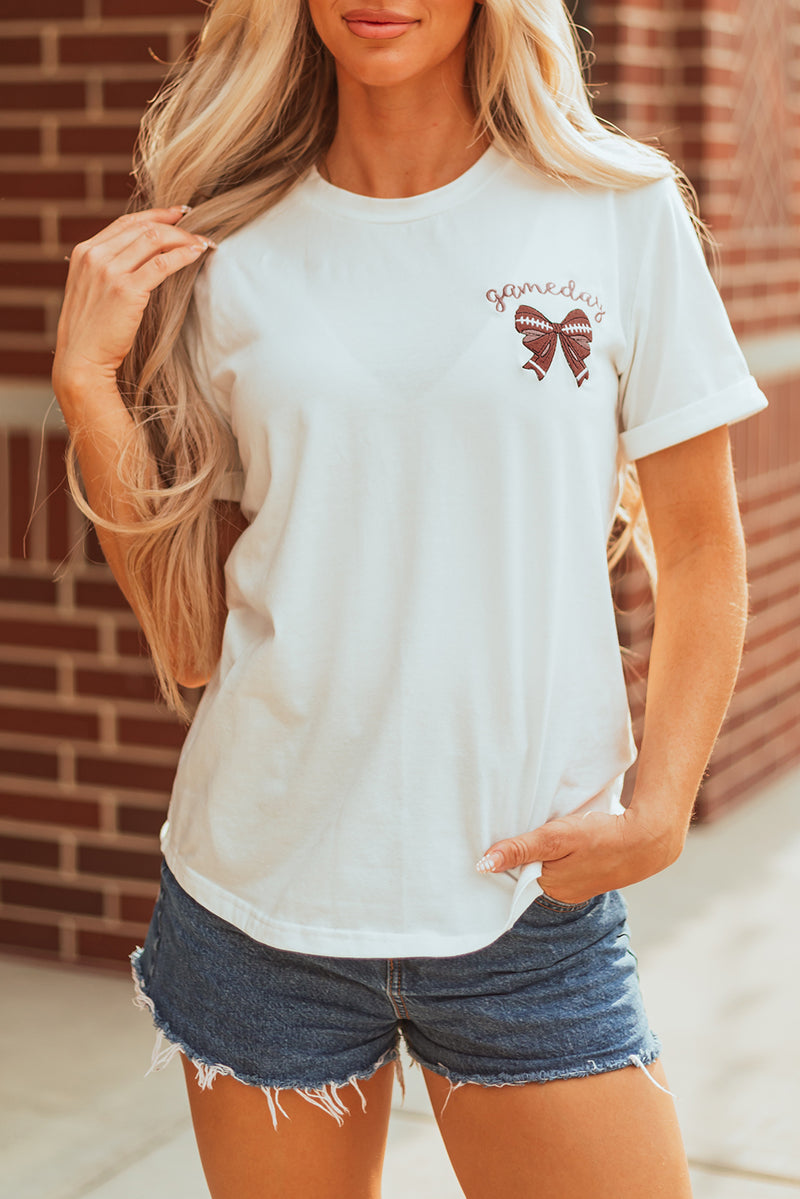 Game Day Bowknot Embroidered Graphic Casual Tee
