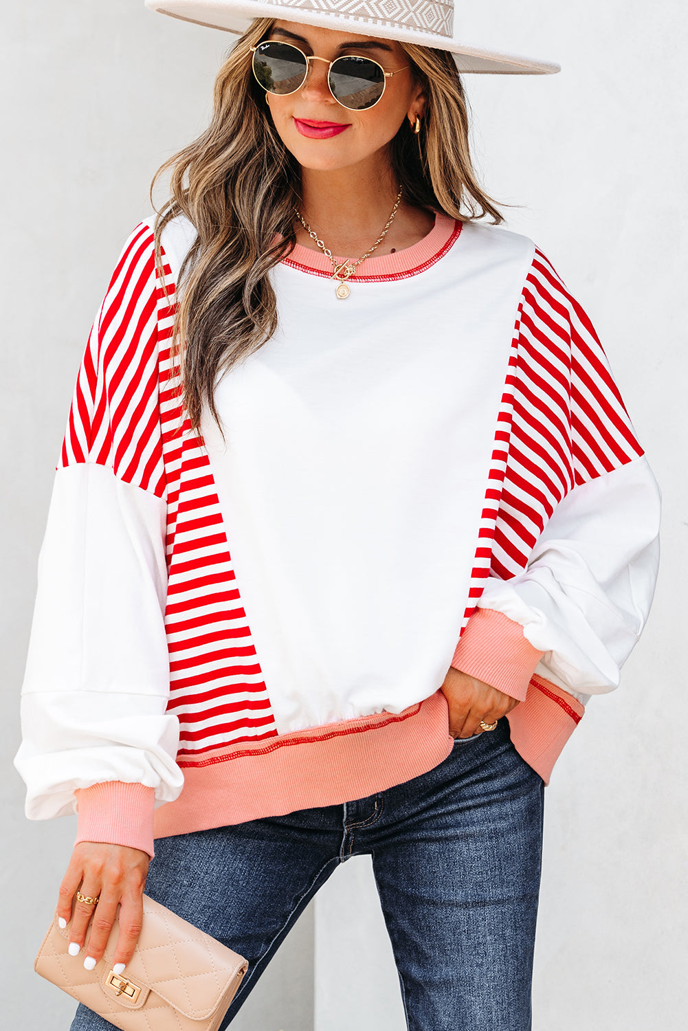 Stripe Colorblock Patchwork Contrast Stitching Oversize Sweatshirt