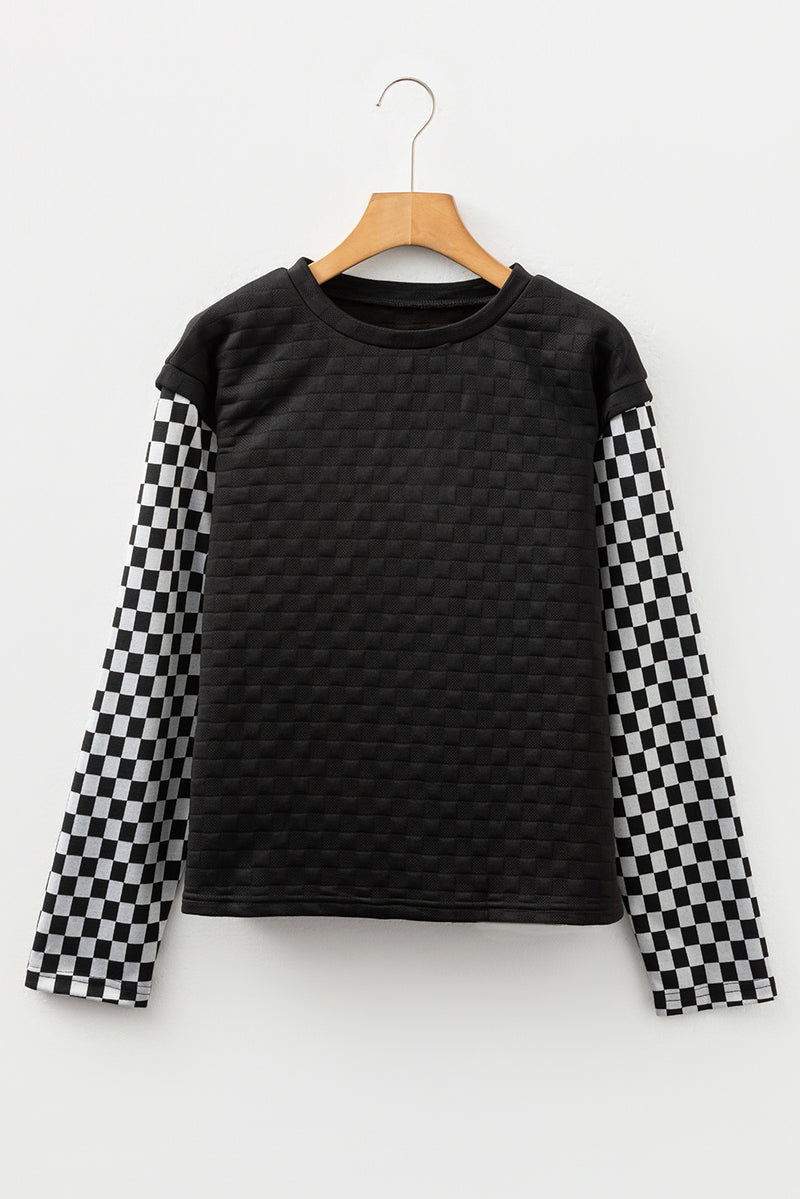 Plaid Textured Contrast Checkered Patchwork Long Sleeve Top