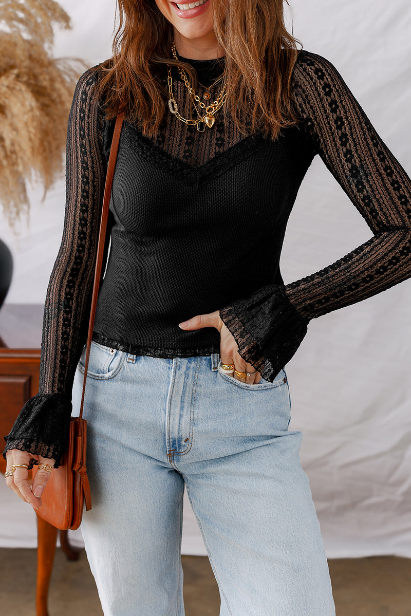 Lace Patchwork Flounce Sleeve Slim Fit Top