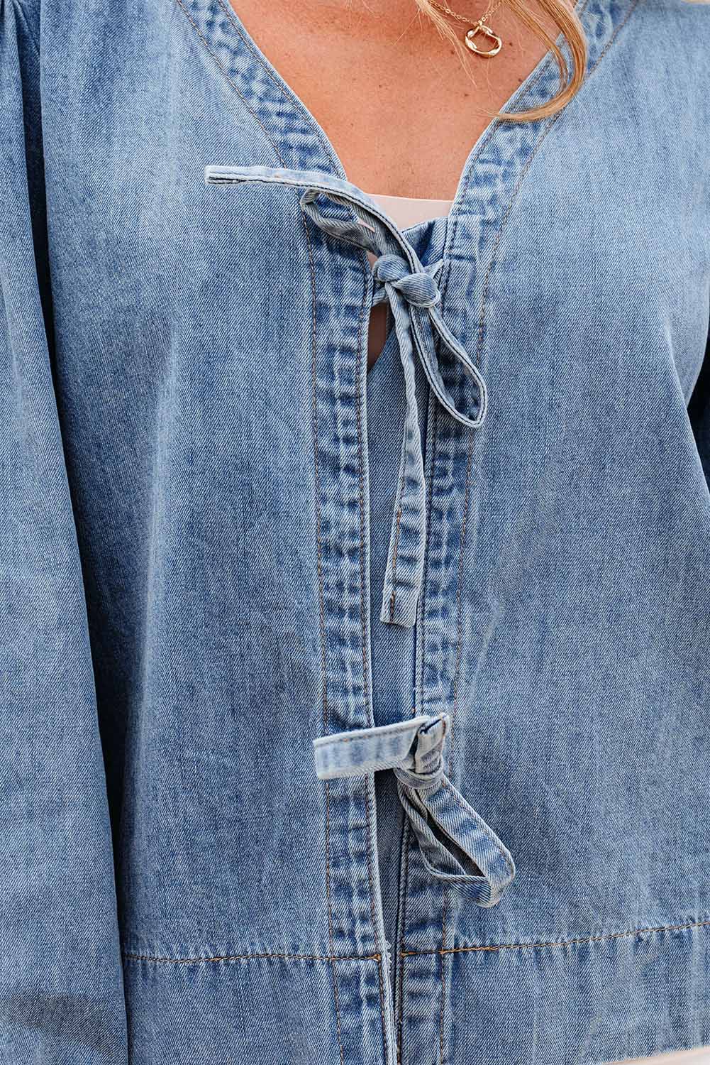 Tied Front Long Puff Sleeve Denim Top