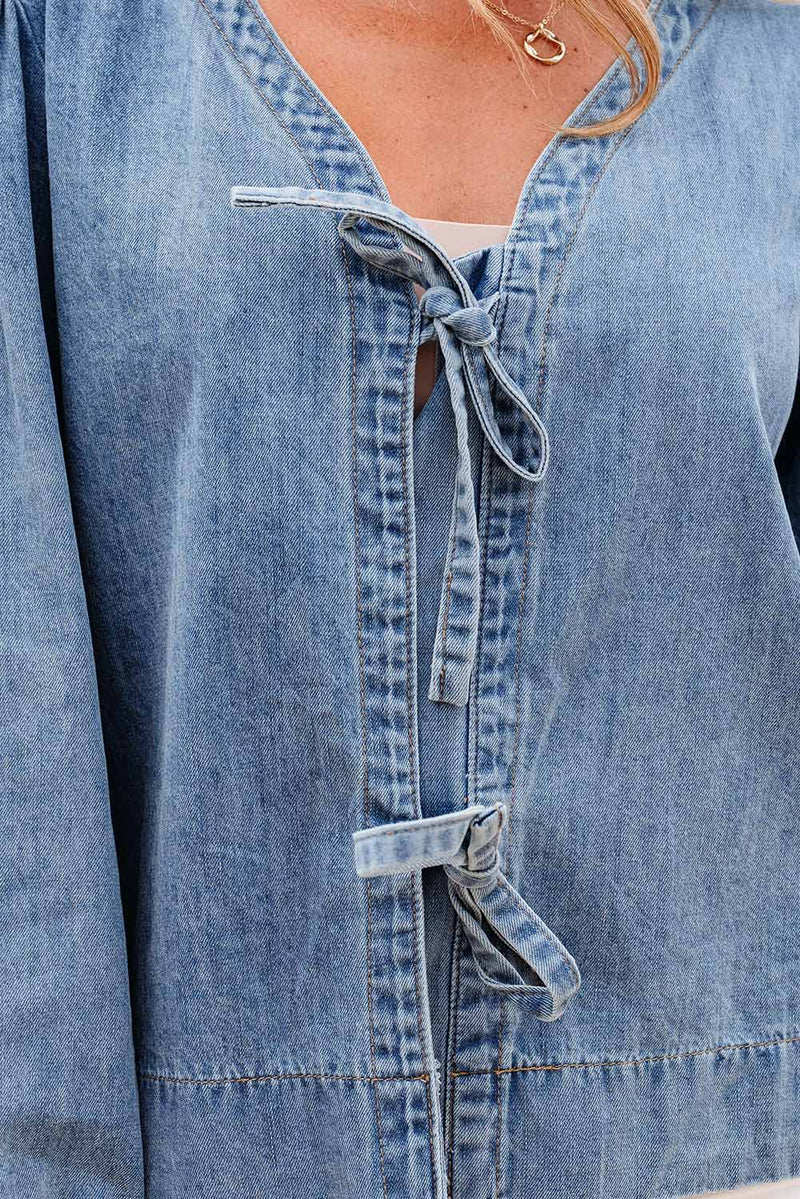 Tied Front Long Puff Sleeve Denim Top