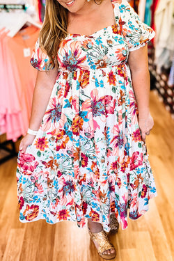 Floral Square Neck Puff Sleeve Flowy Plus Size Midi Dress