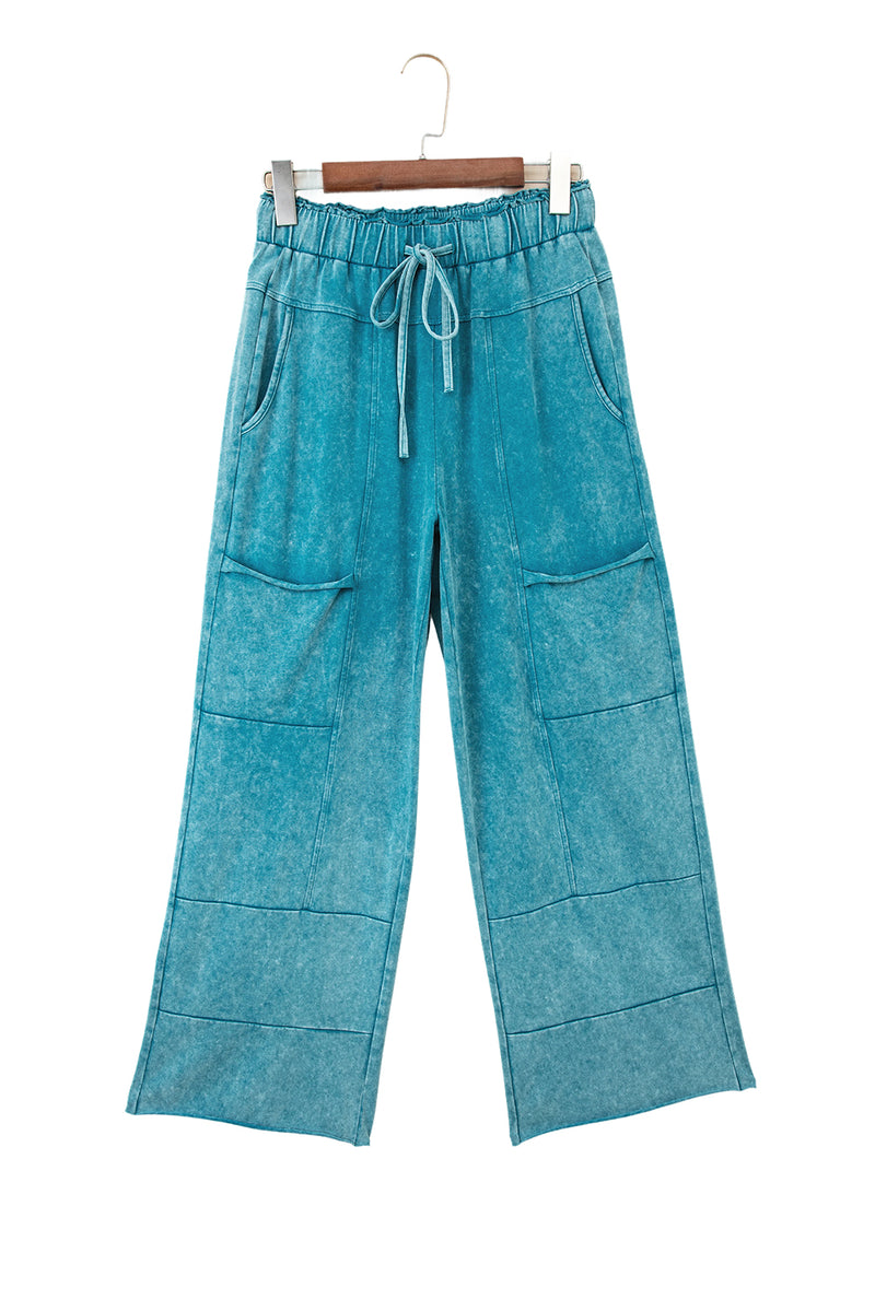 Mineral Wash Lace-up High Waist Raw Hem Patched Pocket Pants