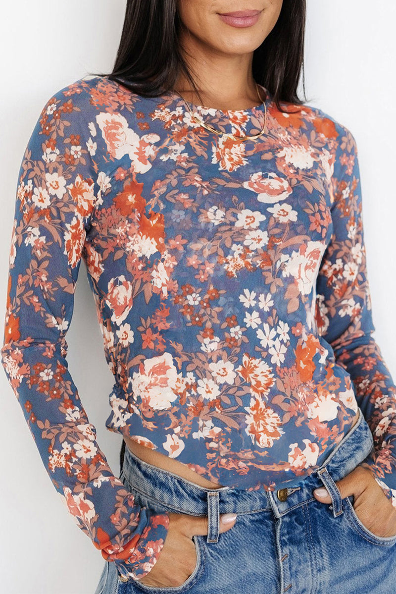 Floral Print Mesh Fitted Long Sleeve Fitted Top