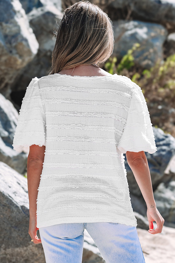 Frilled Lace Trim Bubble Sleeve Blouse