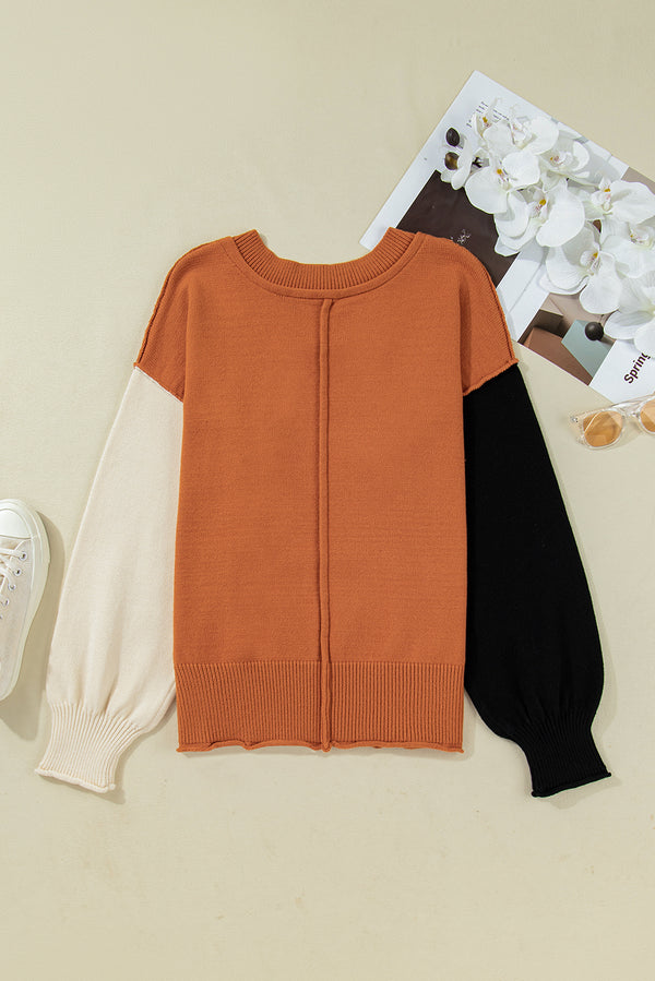 Colorblock Raw Edge Bubble Sleeve V Neck Sweater