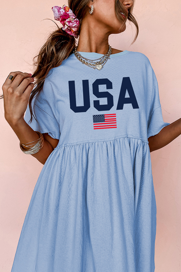 USA Flag Print Short Sleeve High Waist Babydoll Dress