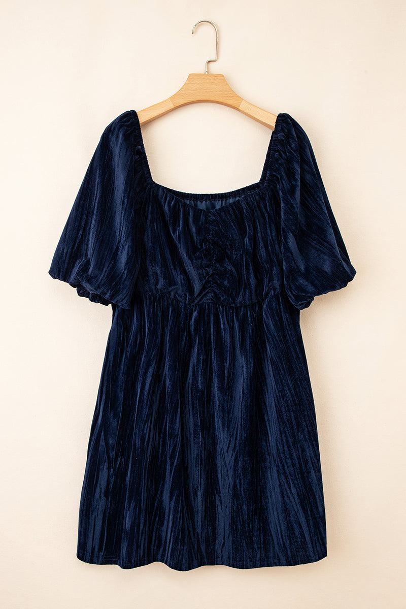 Velvet Ruched Bust Square Neck Short Puff Sleeve Plus Dress