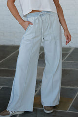 Contrast Trim Center Seam Drawstring High Waist Wide Leg Denim Pants