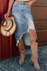 Myosotis Irregular Distressed Bottom Denim Midi Skirt