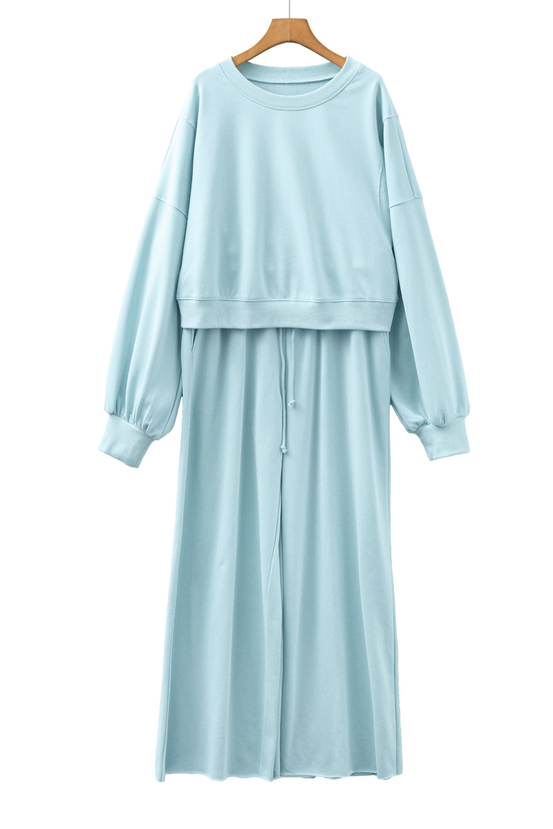 Drop Shoulder Puff Sleeve Crop Pullover Drawstring Wide Leg Pants Set