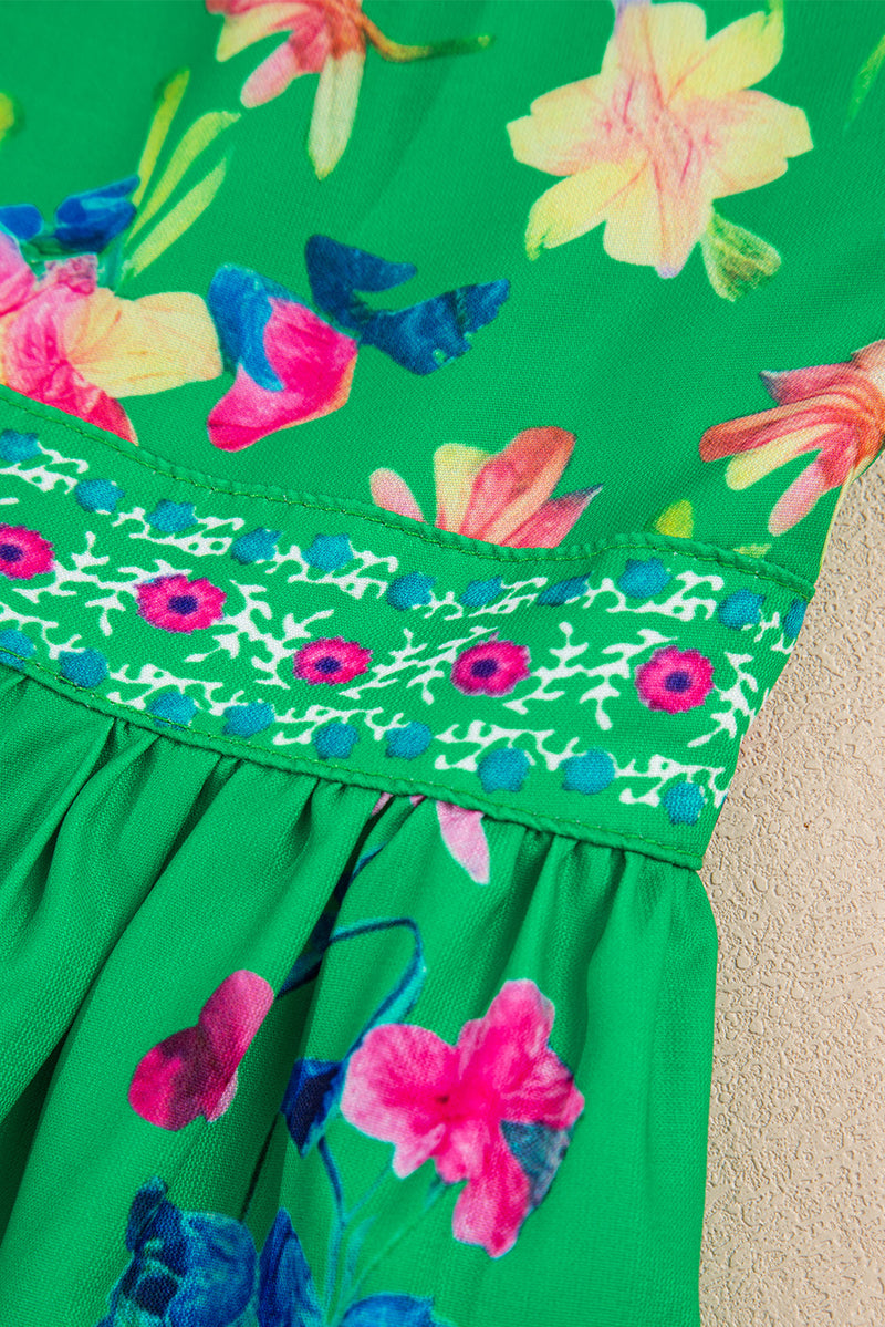 Floral Print Contrast Trim Knotted Straps Midi Dress