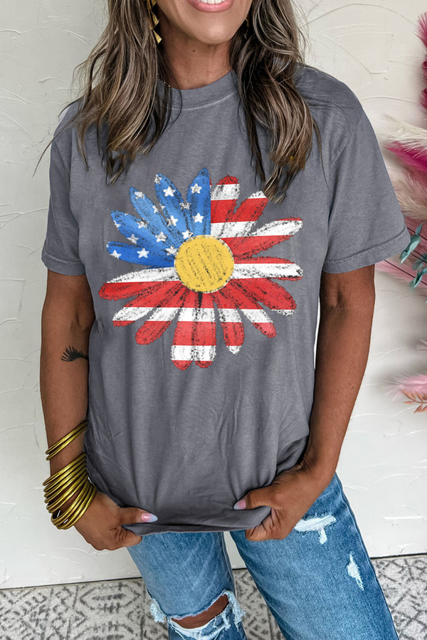 Flag Pattern Sunflower Graphic Crew Neck Tee