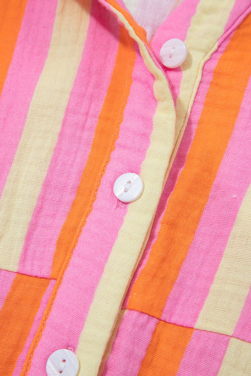 Stripe Crinkled Half Buttons V Neck Plus Size Blouse