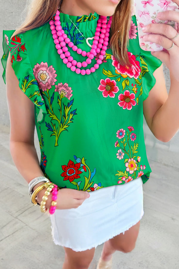 Floral Print Flutter Sleeve Frilly Neck Blouse