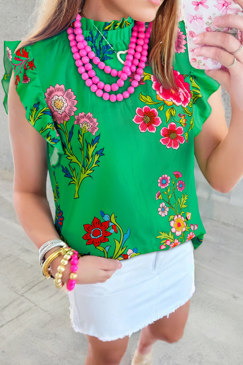 Floral Print Flutter Sleeve Frilly Neck Blouse