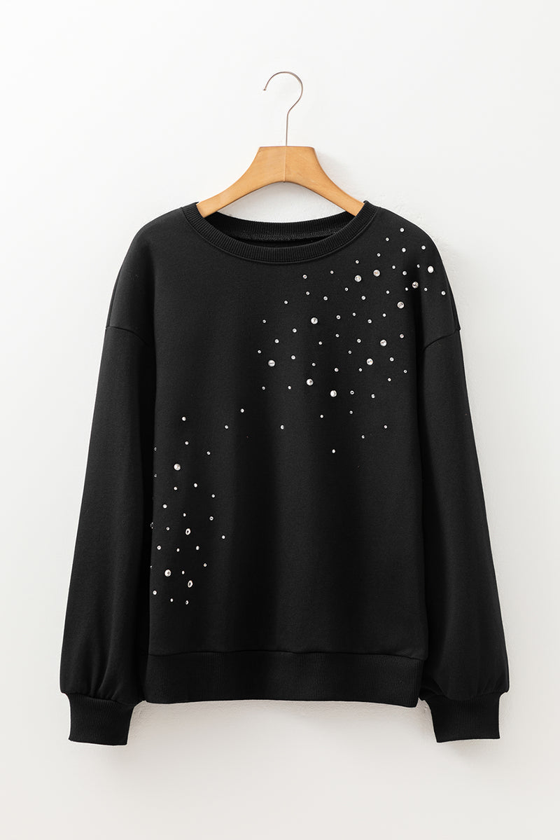 Rhinestone Embellished Drop Shoulder Ribbed Cuffs Wholesale Sweatshirt