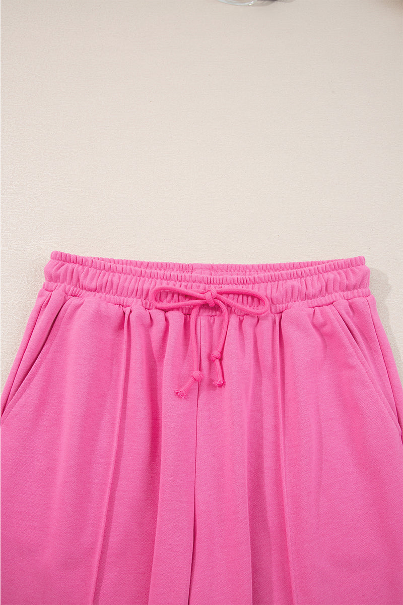Bright Pink Solid Color Collared Pullover and Central Seam Pants Set