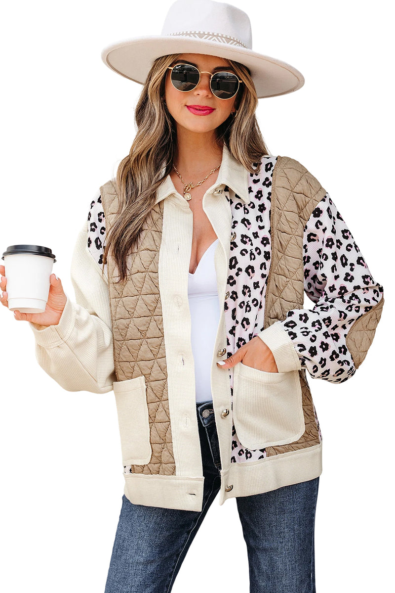 Leopard Waffle Quilted Patchwork Button Front Jacket