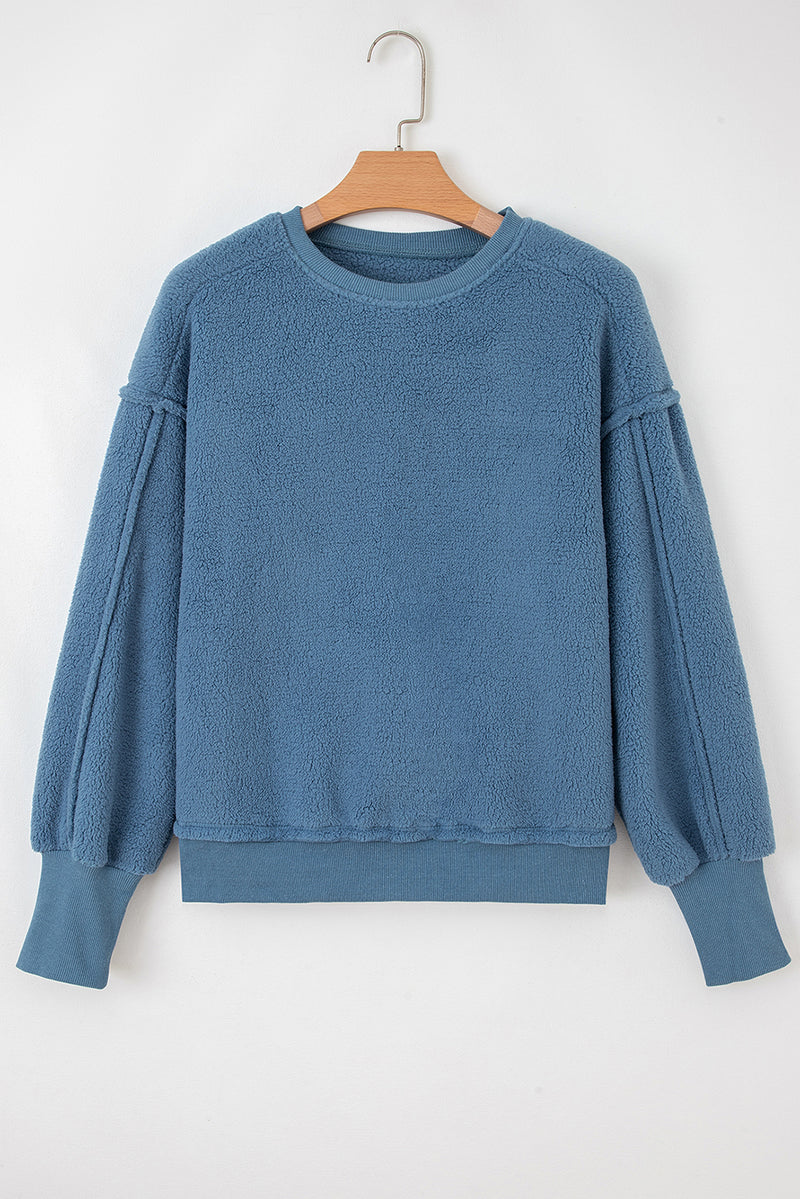 Fleece Drop Shoulder Exposed Seam Patchwork Casual Sweatshirt