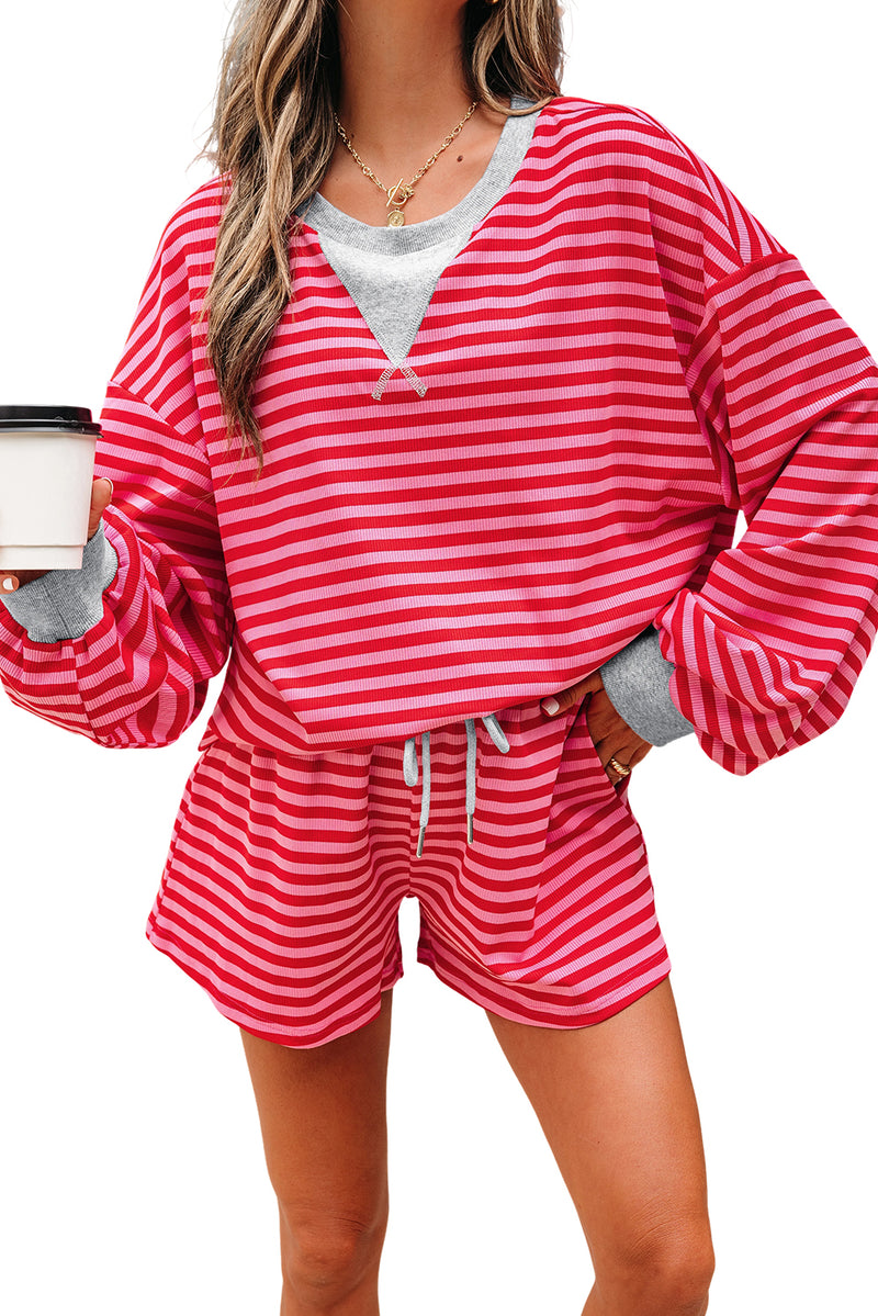 Stripe Drop Shoulder Baggy Pullover and Shorts Casual Set